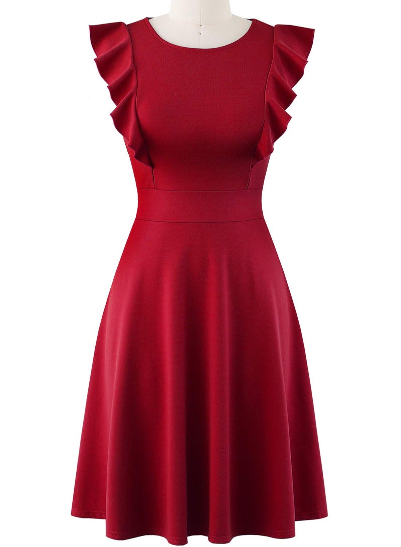 YATHON Women's Vintage Ruffle Floral Flared A Line Swing Casual Cocktail Party Dresses (XL, YT001-Red) - Image 2